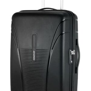 Black hard-shell suitcase with 360° spinner wheels, spacious compartments, and a stylish design, perfect for business and leisure travel.