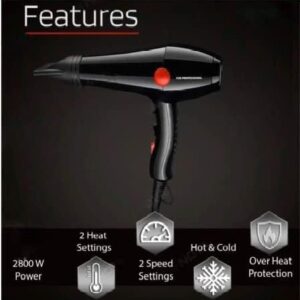 Choba 2000 Watts Hair Dryer, 2 Temperature and Speed Settings, Styling Nozzles, Black