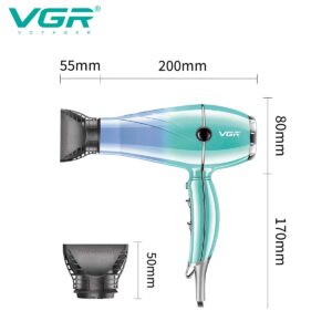 VGR V-452 Professional Salon Series Hair Dryer 2000-2400W AC Motor 3 Heat Setting Independent Cool Shot Styling Comb Nozzle Overheating Protection with Turbo Function & 2 Speed Setting
