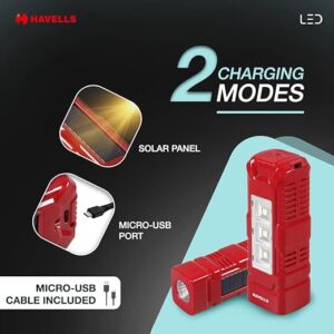 Havells 3W 2 in 1 Lantern|Energy Efficient|Solar and USB Charging Mode|Lantern Cum Torch|Made in India