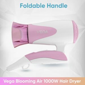Vega Blooming Air Foldable 1000 Watts Hair Dryer for Women with Quick Dry, Flexiable Heat Setting and Detachable Nozzle, Automatic Overheat Cutout (VHDH-05), (Made in India), Pink