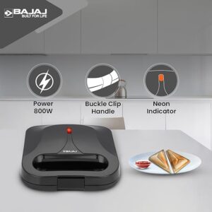 Bajaj SWX 5 800-Watt 2-Slice Sandwich Toaster | Non-Stick Coated Plates for Easy-to-Clean | Upright Compact Storage | Buckle Clips Lock