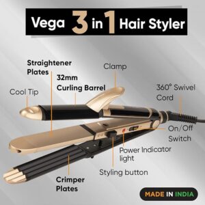 Vega 3 in 1 Hair Styler for Women, (India's No.1* Hair Styler Appliance Brand) Straightener, Curler and Crimper, Suitable for All Hair Types, Gold-Black (VHSCC-01)