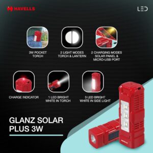 Havells 3W 2 in 1 Lantern|Energy Efficient|Solar and USB Charging Mode|Lantern Cum Torch|Made in India