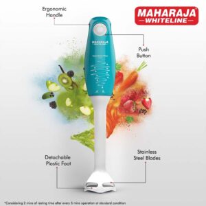 Maharaja Whiteline Speedmix Plus Hand Blender with Stainless Steel Blades | Long Lasting Performance with 175 Watts Motor | Detachable Plastic Foot  (Turquoise Blue & White)