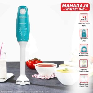 Maharaja Whiteline Speedmix Plus Hand Blender with Stainless Steel Blades | Long Lasting Performance with 175 Watts Motor | Detachable Plastic Foot  (Turquoise Blue & White)