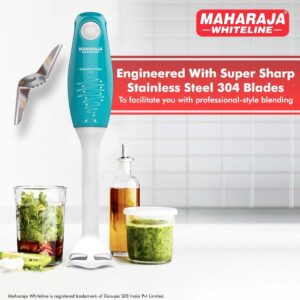 Maharaja Whiteline Speedmix Plus Hand Blender with Stainless Steel Blades | Long Lasting Performance with 175 Watts Motor | Detachable Plastic Foot  (Turquoise Blue & White)