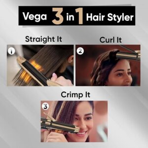 Vega 3 in 1 Hair Styler for Women, (India's No.1* Hair Styler Appliance Brand) Straightener, Curler and Crimper, Suitable for All Hair Types, Gold-Black (VHSCC-01)