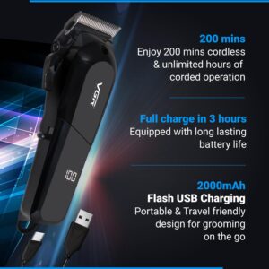 VGR VL-118 Limited Edition Professional Corded & Cordless Hair Clipper with LED Display 6 Length Settings | 200 min Runtime (Black)