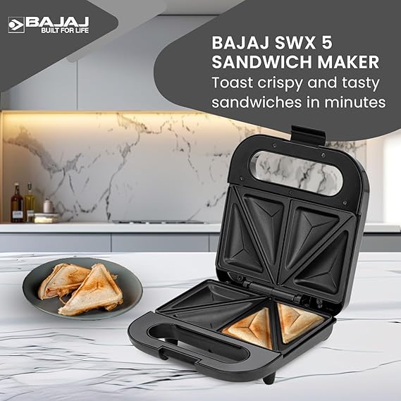 Bajaj SWX 5 800-Watt 2-Slice Sandwich Toaster | Non-Stick Coated Plates for Easy-to-Clean | Upright Compact Storage | Buckle Clips Lock - Image 4