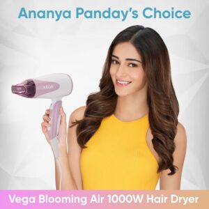 Vega Blooming Air Foldable 1000 Watts Hair Dryer for Women with Quick Dry, Flexiable Heat Setting and Detachable Nozzle, Automatic Overheat Cutout (VHDH-05), (Made in India), Pink