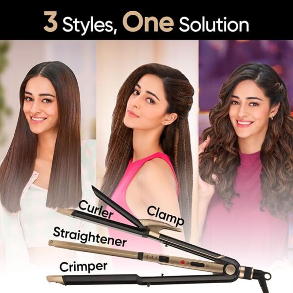Vega 3 in 1 Hair Styler for Women, (India's No.1* Hair Styler Appliance Brand) Straightener, Curler and Crimper, Suitable for All Hair Types, Gold-Black (VHSCC-01) - Image 4