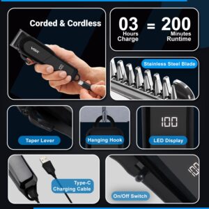 VGR VL-118 Limited Edition Professional Corded & Cordless Hair Clipper with LED Display 6 Length Settings | 200 min Runtime (Black)