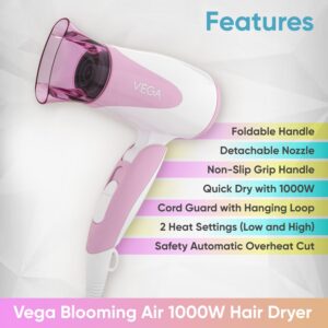 Vega Blooming Air Foldable 1000 Watts Hair Dryer for Women with Quick Dry, Flexiable Heat Setting and Detachable Nozzle, Automatic Overheat Cutout (VHDH-05), (Made in India), Pink