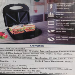 Crompton Instaserve Toast 800 Watts Sandwichmaker with Powerful Heating element (Black), Small