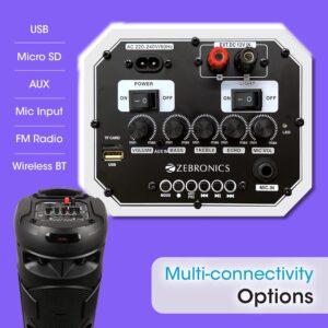 Zebronics 450 Moving Monster DJ Trolley speaker with 48W RMS, Bluetooth 5.0, Wireless mic, Karaoke, TWS function, LED lights, Dual 8" Full range, 10.5H...
