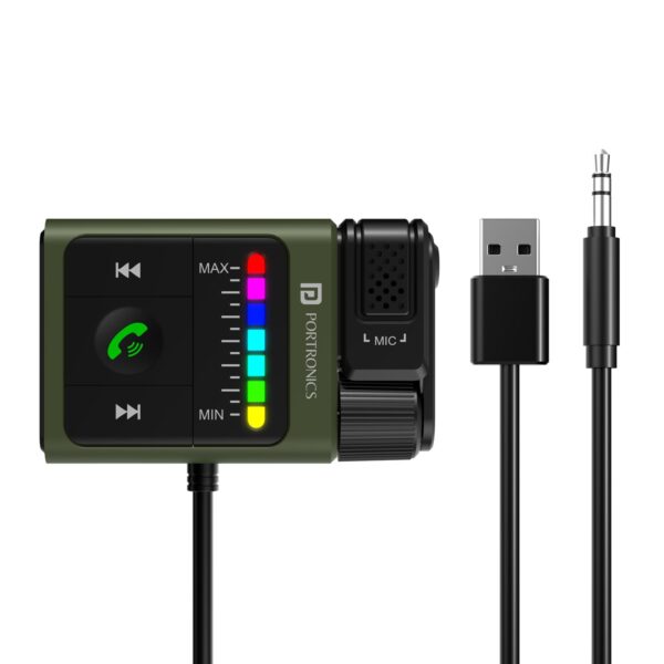 Portronics Auto Tune Car Bluetooth Receiver with Hands-Free Calling, Playing Music, Dynamic Lighting, 1m USB/AUX Cable, Bass Control Roller, Built-in Mic for Wireless Car Stereo Audio (Black)