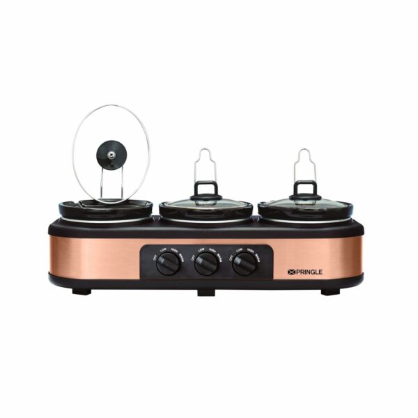 Pringle Electric Slow Cooker | Ceramic Pot with Glass Lid | Copper Color FW 1814 - Capacity 7.5L (2.5L X 3 Pot) - 1 Year Onsite Warranty, brown