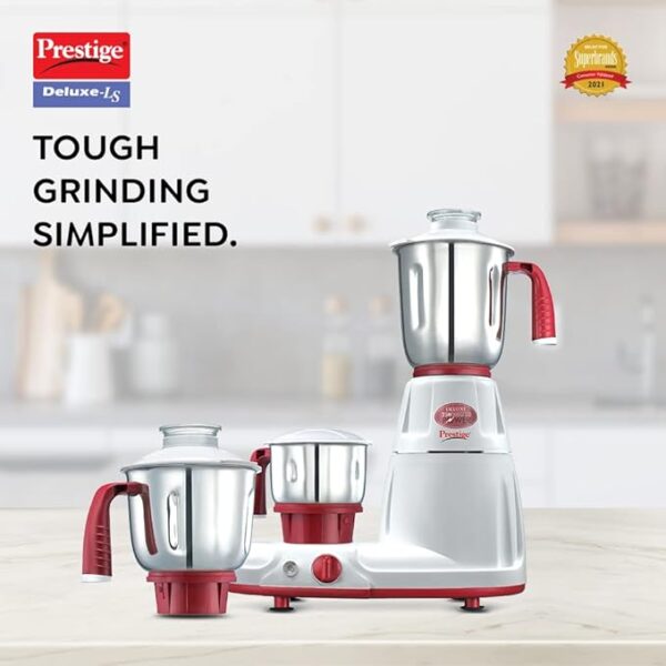 Prestige 750 Watts Deluxe LS Mixer Grinder with 3 Stainless Steel Jars| Unique Fail Safe Coupler| Flow Breaker Design| Cord Winder Storage| Red and White