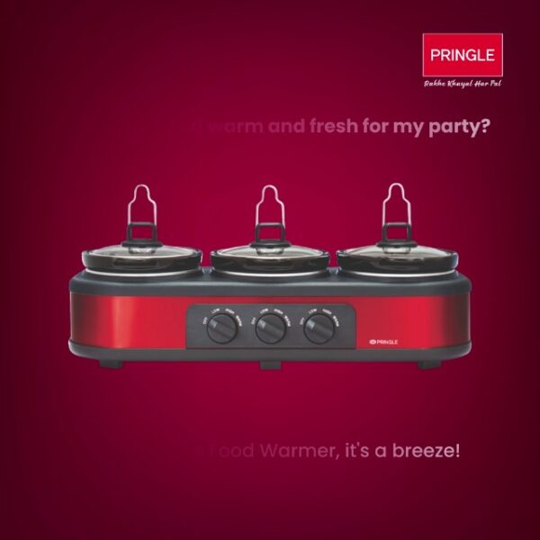Pringle Electric Slow Cooker | Ceramic Pot with Glass Lid | Red Color FW 1806 - Capacity 4.5L (1.5L X 3 Pot) - 1 Year Onsite Warranty