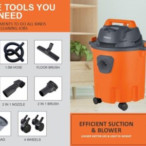 PRINGLE 1200W Vacuum Cleaner Wet and Dry Micro VC12 with 3in1 Multifunction Wet/Dry/Blowing| 17KPA Suction and Impact Resistant Polymer Tank,(Orange/Grey)