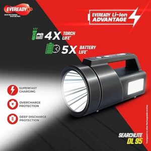 EVEREADY Searchlite Dl95 |Led Torch Cum Emergency Sidelight |4W Torch & 4W Emergency Sidelight | 4 Lighting Modes | 40000 Lux Output | India's Fast Charging Torch | Powered by Li-Ion Battery | Black