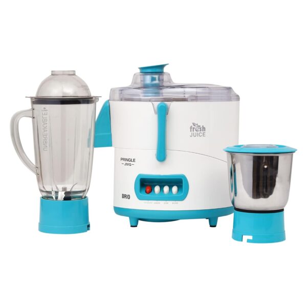 PRINGLE Brio High Efficiency 500 Watt Juicer Mixer Grinder With 2 Unbreakable Jars | Jmg With 2 Year Warranty On Motor | Isi Certified | White (Turquoise), 500 Watts