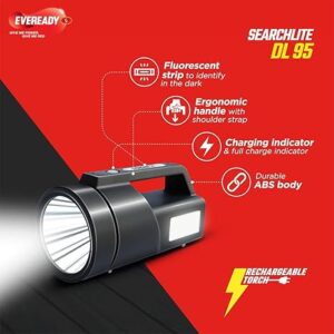 EVEREADY Searchlite Dl95 |Led Torch Cum Emergency Sidelight |4W Torch & 4W Emergency Sidelight | 4 Lighting Modes | 40000 Lux Output | India's Fast Charging Torch | Powered by Li-Ion Battery | Black
