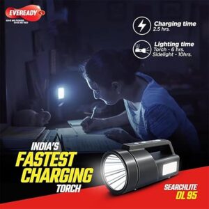 EVEREADY Searchlite Dl95 |Led Torch Cum Emergency Sidelight |4W Torch & 4W Emergency Sidelight | 4 Lighting Modes | 40000 Lux Output | India's Fast Charging Torch | Powered by Li-Ion Battery | Black