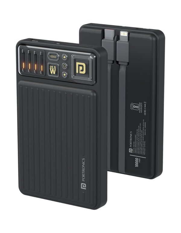 Portronics Luxcell Bind Mini 10k 10000mAh Nano Powerbank with 22.5W Fast Charging, in-Built Type C PD(Input & Output) /8 Pin Cable, LED Indicator, USB-A Mach Output, Compatible with Smartphones