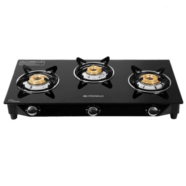 Pringle PGT03 Glass Top 3 Burner Gas Stove, Manual Ignition, Black
