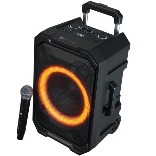 Portronics Iron Beats II 250W Wireless Bluetooth Party Speaker with Wireless Karaoke Mic, Upto 6 Hours Playtime, RGB Lights, Trolley Handle with Wheels, Multiple EQ Mode, Deep Bass, Fast Charging