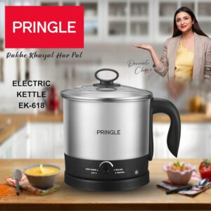Pringle Multipurpose Kettle (EK-618) 1.5 liters with Stainless Steel Body with Egg Tray, used for boiling Water and milk, Tea, Coffee, Oats, Noodles, Soup etc. 600 Watt (Black & Silver)