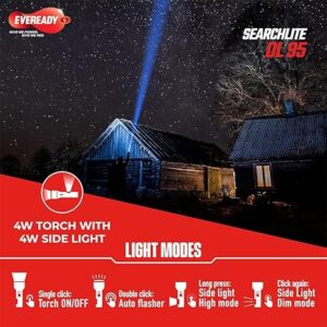 EVEREADY Searchlite Dl95 |Led Torch Cum Emergency Sidelight |4W Torch & 4W Emergency Sidelight | 4 Lighting Modes | 40000 Lux Output | India's Fast Charging Torch | Powered by Li-Ion Battery | Black