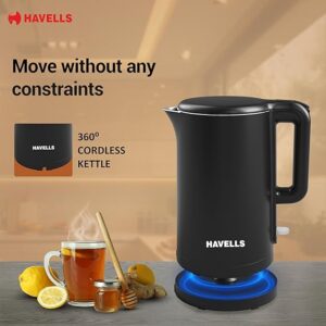 Havells Caro 1.5 litre Double Wall, 304 Stainless Steel Inner Body, Cool Touch Outer body, Wider Mouth, 2 Yr Manufacturer Warranty (Black, 1250 Watt)