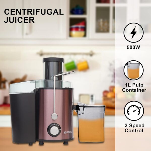 Pringle Juiceman | Centrifugal Juicer | Juicer 500 Watt | Home and Kitchen | Wide Mouth & 2 Speed & Pulse Function |Stainless Steel Mesh |Includes Juicer Jar and Detachable Pulp Collector | Rose Gold - Image 2