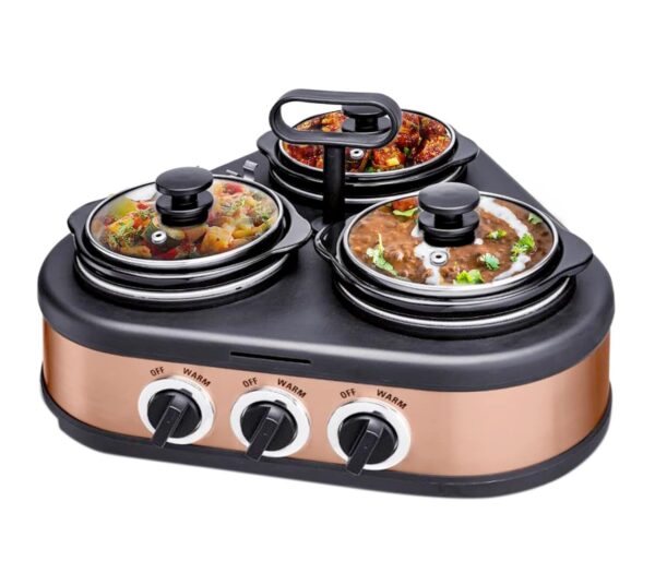 Pringle Electric triangle Slow Cooker 3 Litre | Ceramic Pot with Glass Lid | Copper Color FW 1808 (3 deep pots 1 Litre each)| First In India