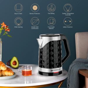 Pringle Electric Kettle Double Wall 2L - Smarty Dlx 1350W with Boil Dry Protection & Auto-Shut Off| Inbuilt SS Filter Sieve, Concealed Heating Element| 360 Deg Cordless Base, (Black)