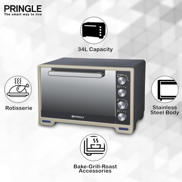 PRINGLE 34Liters Oven/Toaster/Griller/OTG Motorized Rotisserie & Convection Heating,With 6 Heating Mode/Mirror finish tempered glass(OTG36) First In India - Image 2
