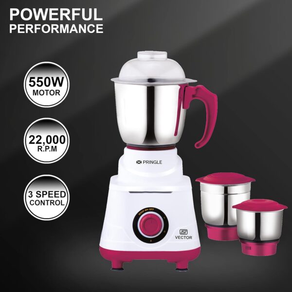 Pringle Vectoplus 3 Jar Mixer Grinder| 500W Powerful Motor | [ISI] Certified | 304 Grade SS Blade| 3 SS Jars Liquidizing Jar (1 Litres) Chutney Jar (0.7 and 0.4 Litres)3 Speed Options - Image 2