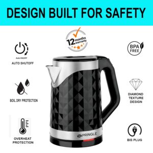 Pringle Electric Kettle Double Wall 2L - Smarty Dlx 1350W with Boil Dry Protection & Auto-Shut Off| Inbuilt SS Filter Sieve, Concealed Heating Element| 360 Deg Cordless Base, (Black)