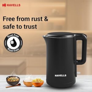 Havells Caro 1.5 litre Double Wall, 304 Stainless Steel Inner Body, Cool Touch Outer body, Wider Mouth, 2 Yr Manufacturer Warranty (Black, 1250 Watt)