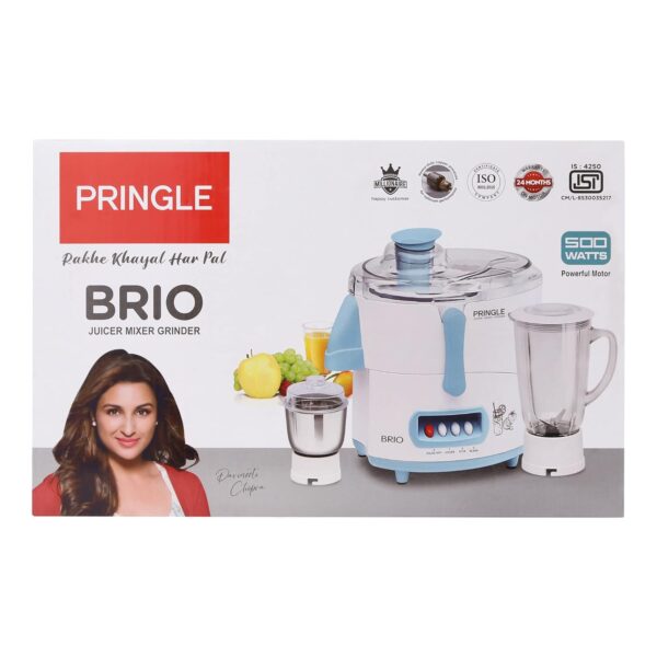 PRINGLE Brio High Efficiency 500 Watt Juicer Mixer Grinder With 2 Unbreakable Jars | Jmg With 2 Year Warranty On Motor | Isi Certified | White (Turquoise), 500 Watts - Image 2
