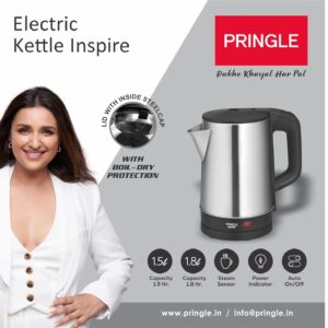 Pringle Electric Kettle Inspire 1.5 Ltr 1500 Watts with Boil Dry Protection & Auto-Shut Off, Concealed Heating Element| 360 Deg Cordless Base, Wide Mouth Opening, Premium finish,With steam sensor