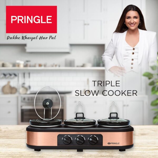Pringle Electric Slow Cooker | Ceramic Pot with Glass Lid | Copper Color FW 1814 - Capacity 7.5L (2.5L X 3 Pot) - 1 Year Onsite Warranty, brown - Image 2