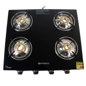 Pringle ISI Certified exclusive 4 burner stainless steel toughened Glass Top Gas Stove | High efficiency Brass burner | Manual Ignition|1 year warranty with doorstep service | PGT 04 SS
