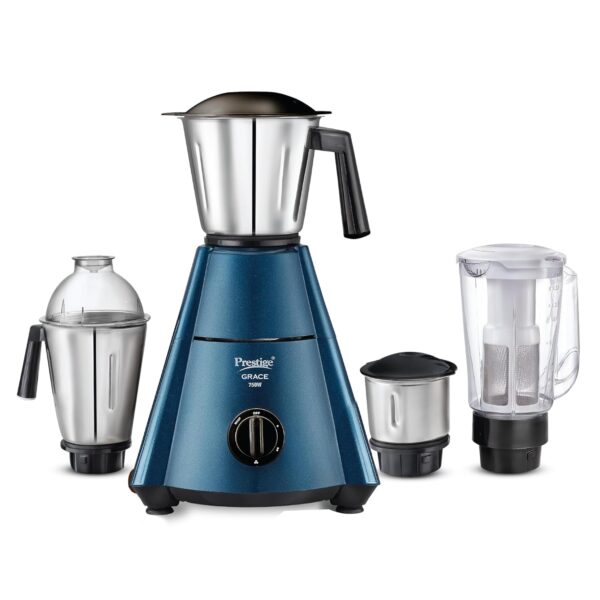 Prestige Grace 750W 4 Jars Mixer Grinder with 3 Stainless Steel Jars & 1 Juice Extracter Jar With Sieve|4 Super Efficient Blades|Sturdy Handles|Dome Shaped Lid|Blue & Black
