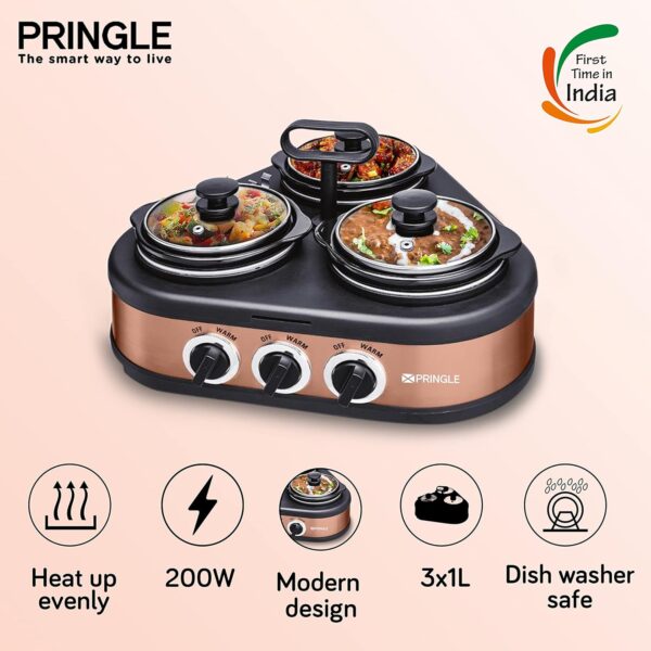 Pringle Electric triangle Slow Cooker 3 Litre | Ceramic Pot with Glass Lid | Copper Color FW 1808 (3 deep pots 1 Litre each)| First In India - Image 2