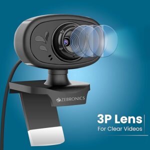 Zebronics Zeb-Crystal Pure Web Camera with 3P Lens,Built-in Microphone,Auto White Balance,Night Vision and Clip on Design (Black)