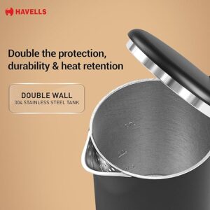 Havells Caro 1.5 litre Double Wall, 304 Stainless Steel Inner Body, Cool Touch Outer body, Wider Mouth, 2 Yr Manufacturer Warranty (Black, 1250 Watt)